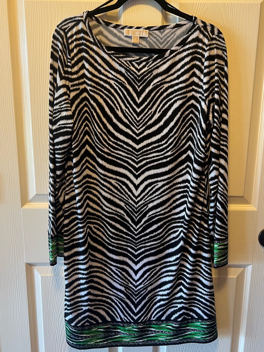 🖤 Michael Kors Zebra Print Shift Dress XL Black White Green Long Sleeve - Picture 3 of 11